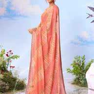 Orange striped printed chiffon saree daily wear