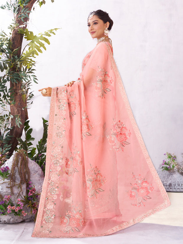 Pink embroidered saree lightweight wear