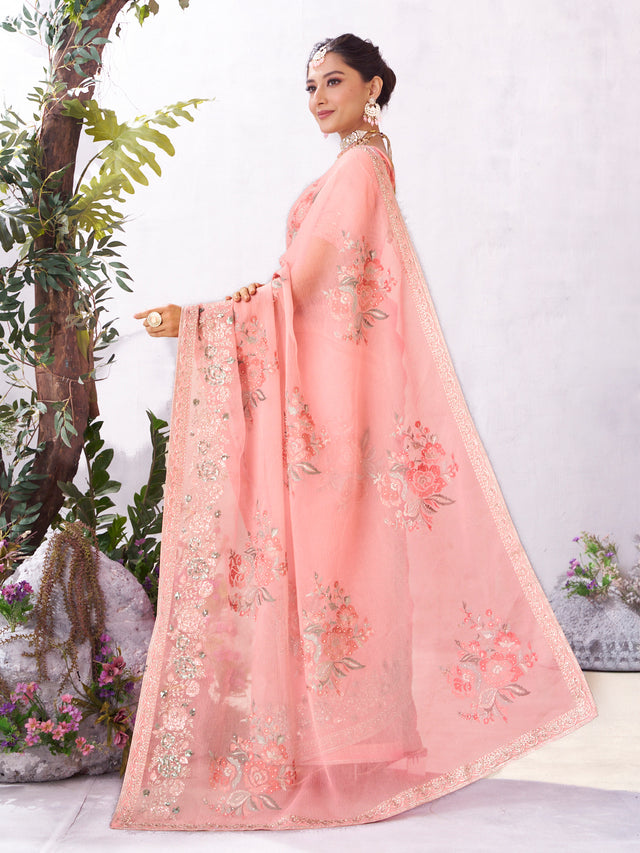 Pink embroidered saree lightweight wear