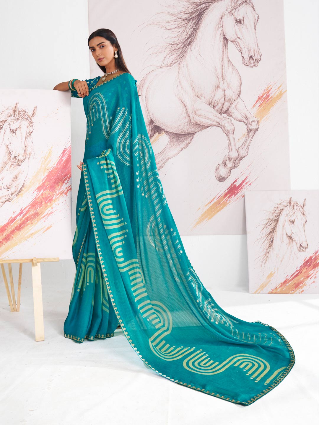 Laxmipati Murli Blue Chiffon Geometric Saree