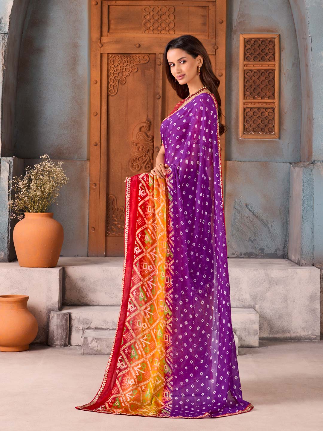 Purple bandhani printed silk blend saree casual wear
