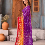 Purple bandhani printed silk blend saree casual wear
