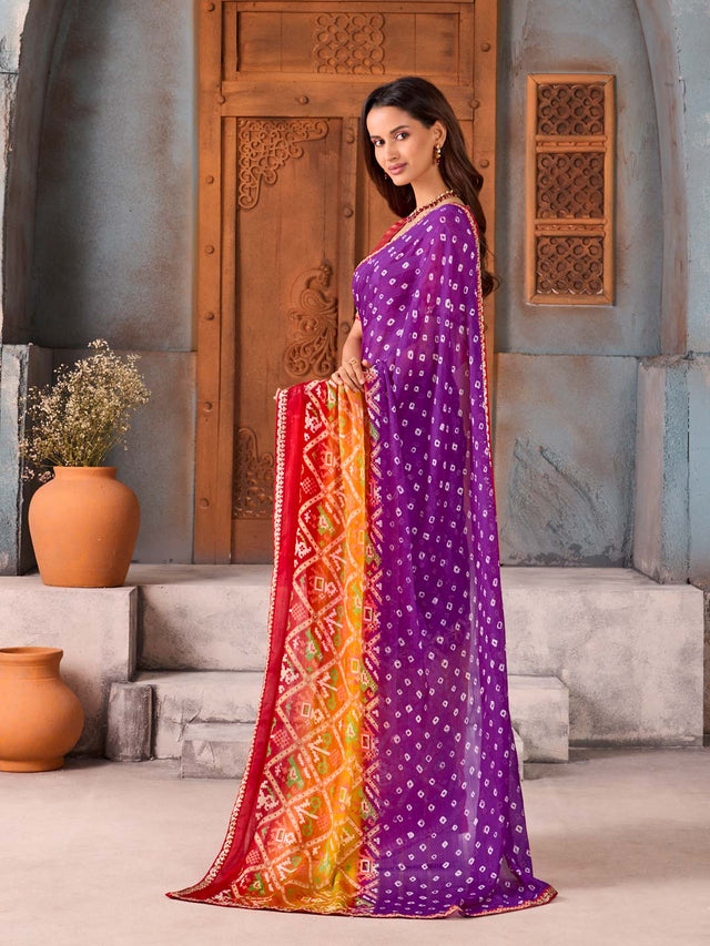 Purple bandhani printed silk blend saree casual wear
