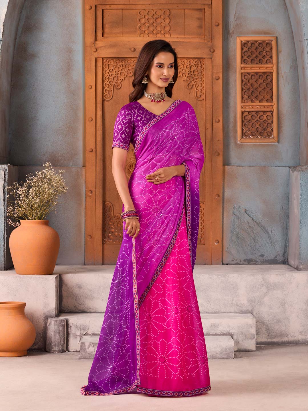 Pink bandhani-style silk blend saree festive wear