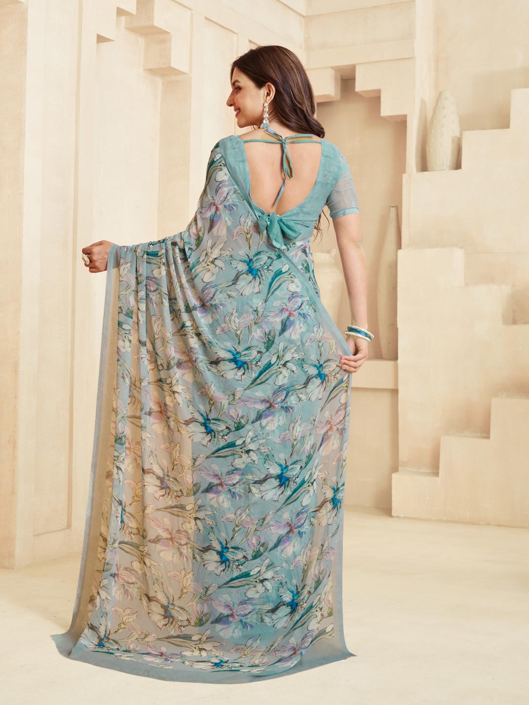 Grey trendy floral saree