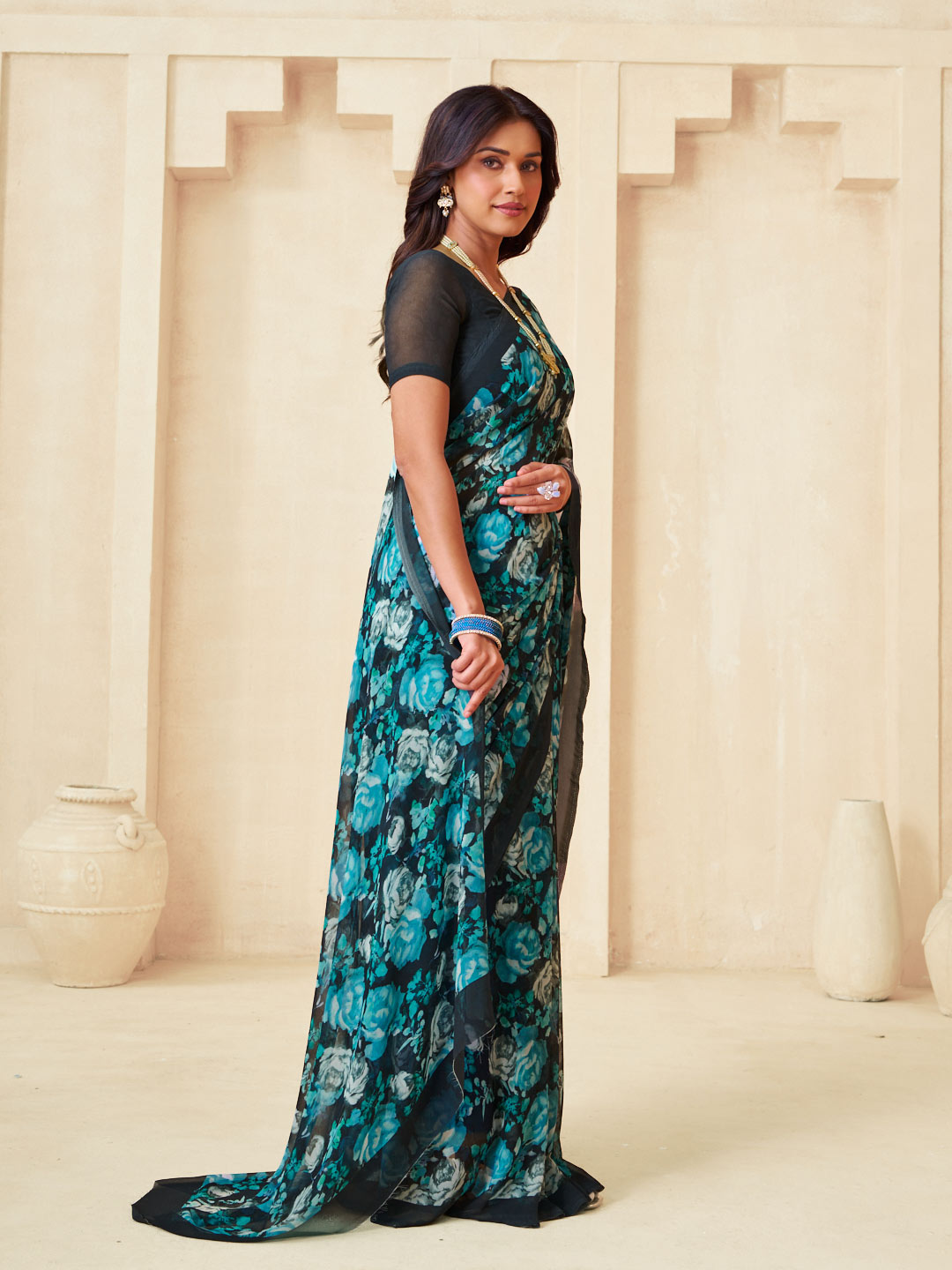 Navy floral saree lightweight style