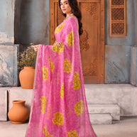 Pink floral embellished chiffon saree casual wear