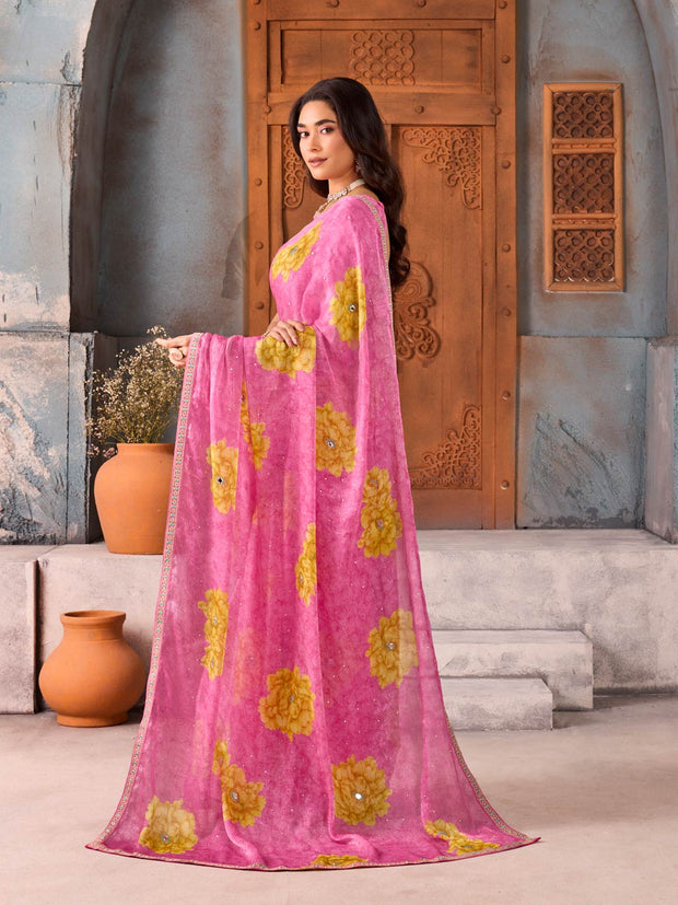 Pink floral embellished chiffon saree casual wear