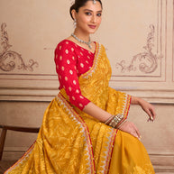 Orange floral embroidered chiffon saree casual wear