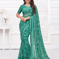 Green georgette floral print saree