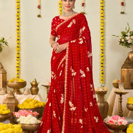 Red bandhani printed georgette saree festive wear