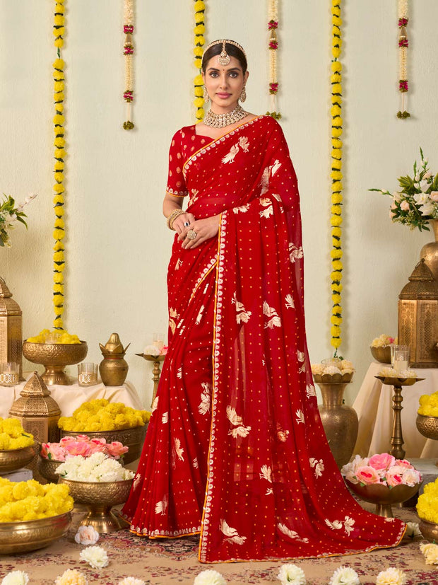 Red bandhani printed georgette saree festive wear