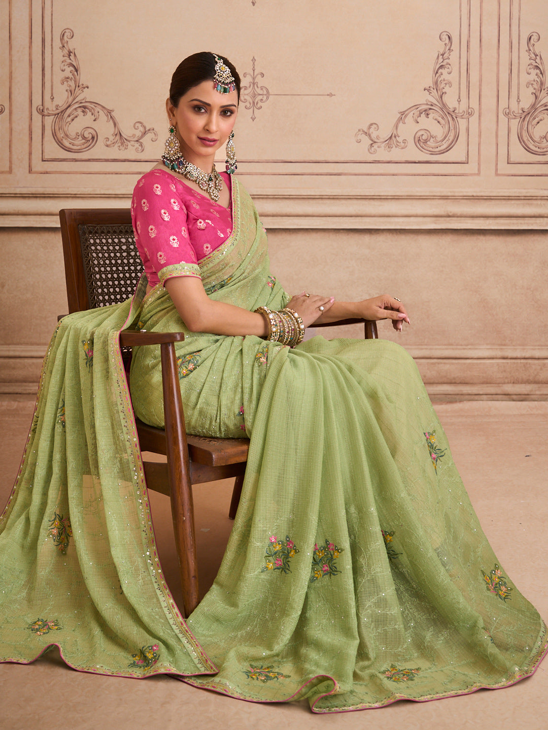 Green embroidered chiffon saree casual wear