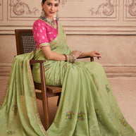 Green embroidered chiffon saree casual wear