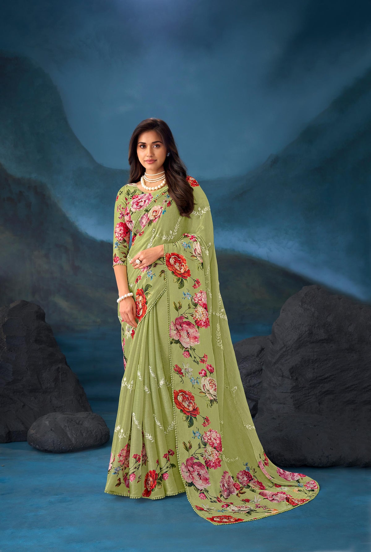 Green floral embroidered chiffon saree festive wear