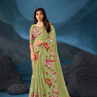 Green floral embroidered chiffon saree festive wear