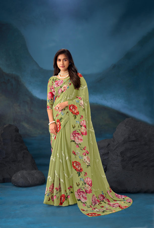Green floral embroidered chiffon saree festive wear