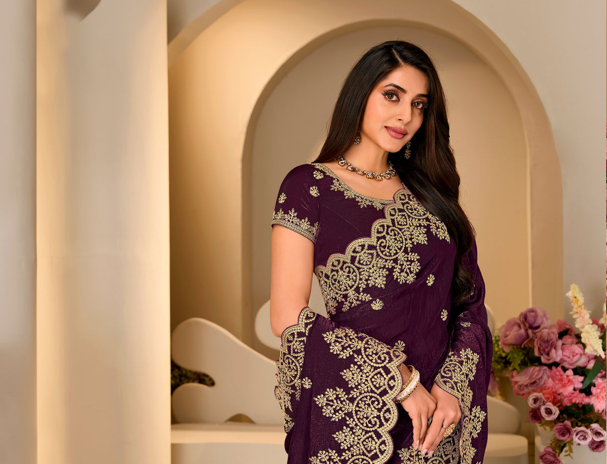 Wine floral embroidered tissue organza saree festive wear
