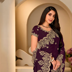 Wine floral embroidered tissue organza saree festive wear