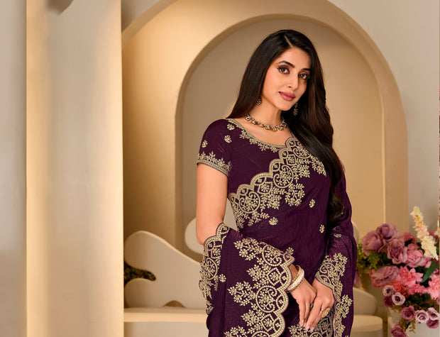 Wine floral embroidered tissue organza saree festive wear