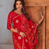 Red embellished printed georgette saree wedding wear