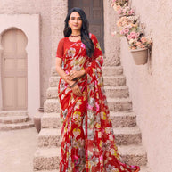 Red georgette floral print saree