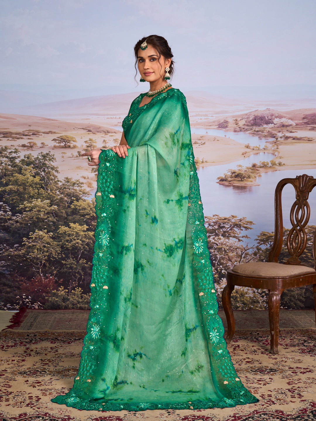 Green floral embroidered chiffon saree daily wear