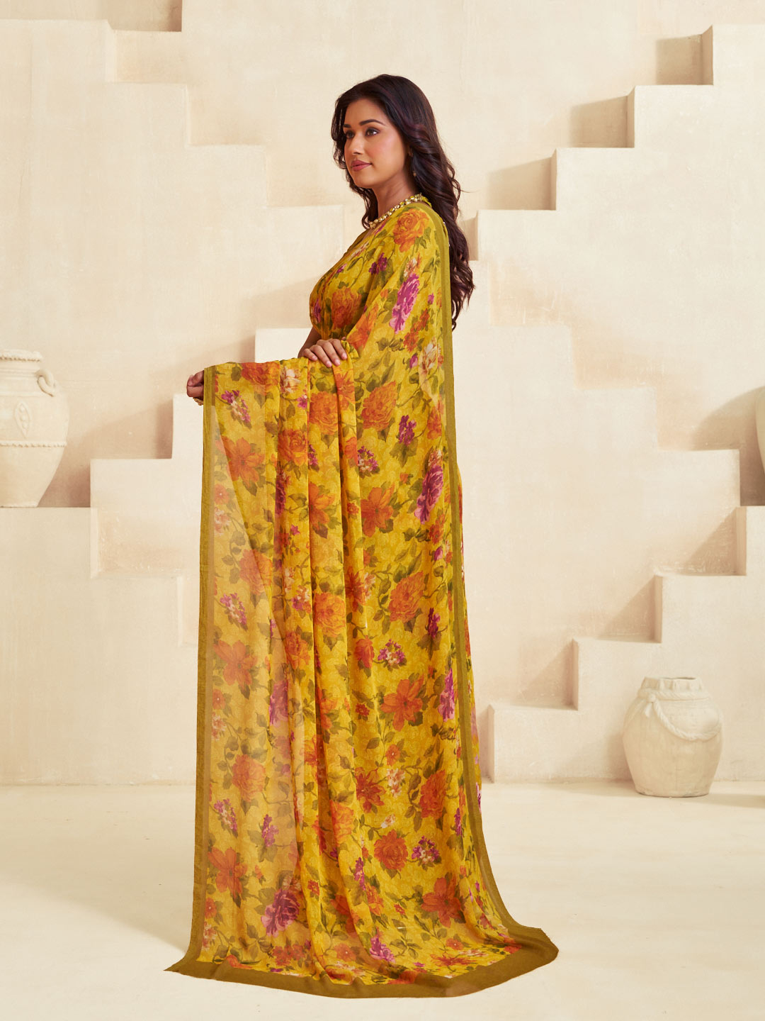 Yellow printed saree daily use