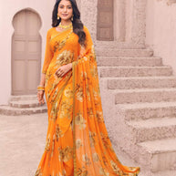 Orange georgette floral print saree