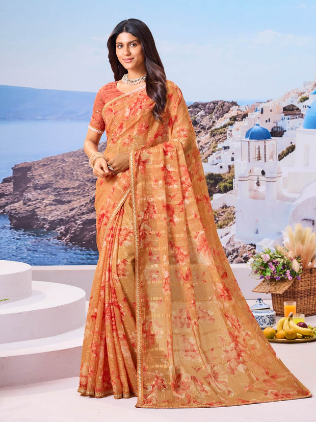 Brown floral chiffon saree