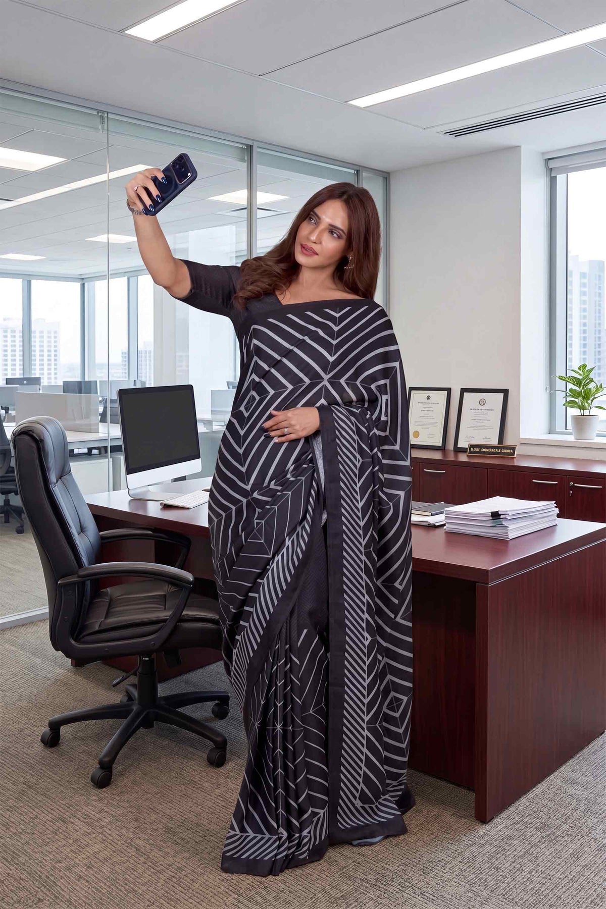Black geometric printed cotton blend saree corporate wear