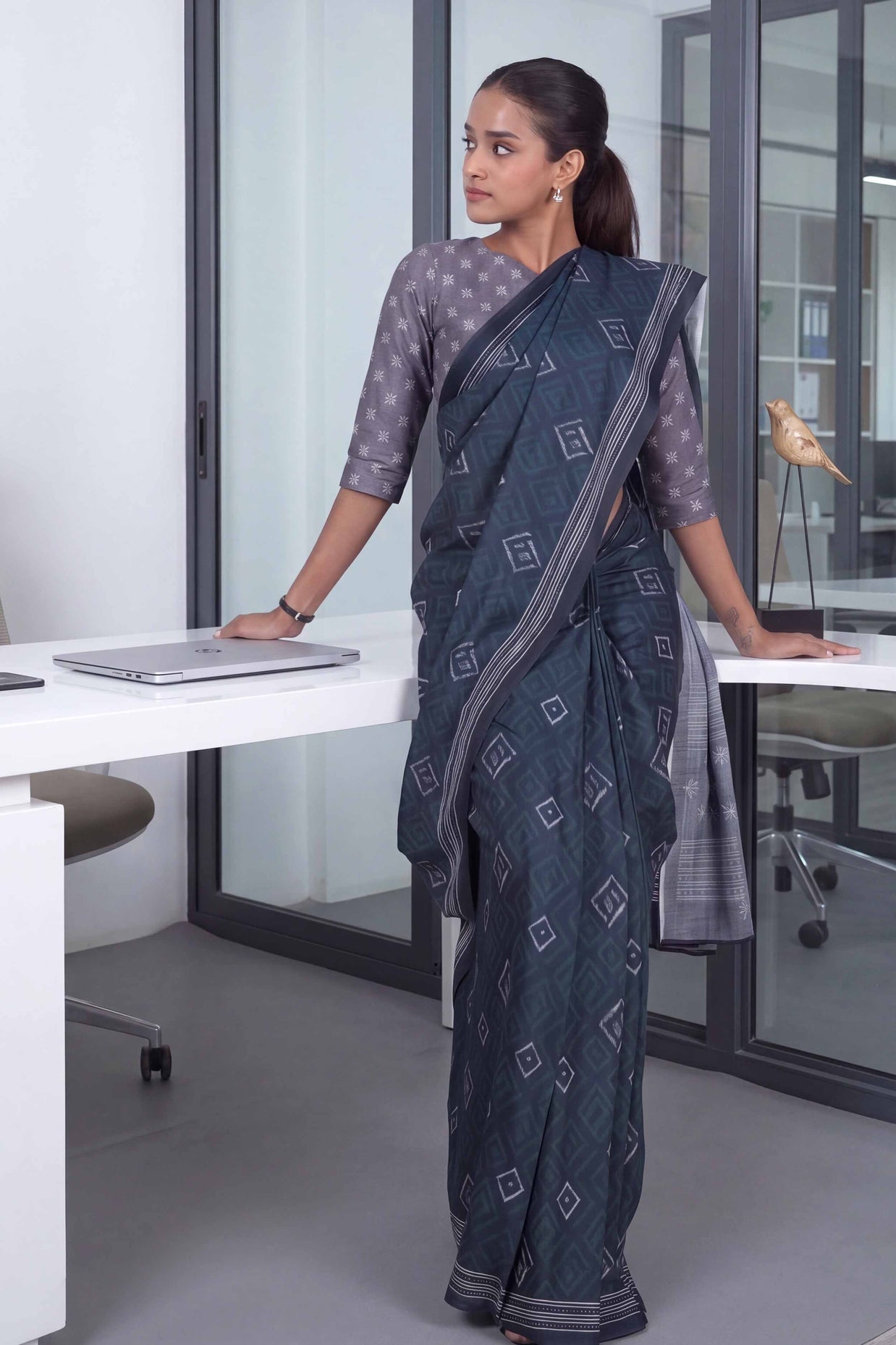 Blue geometric printed cotton blend saree corporate wear