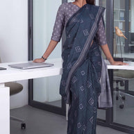 Blue geometric printed cotton blend saree corporate wear