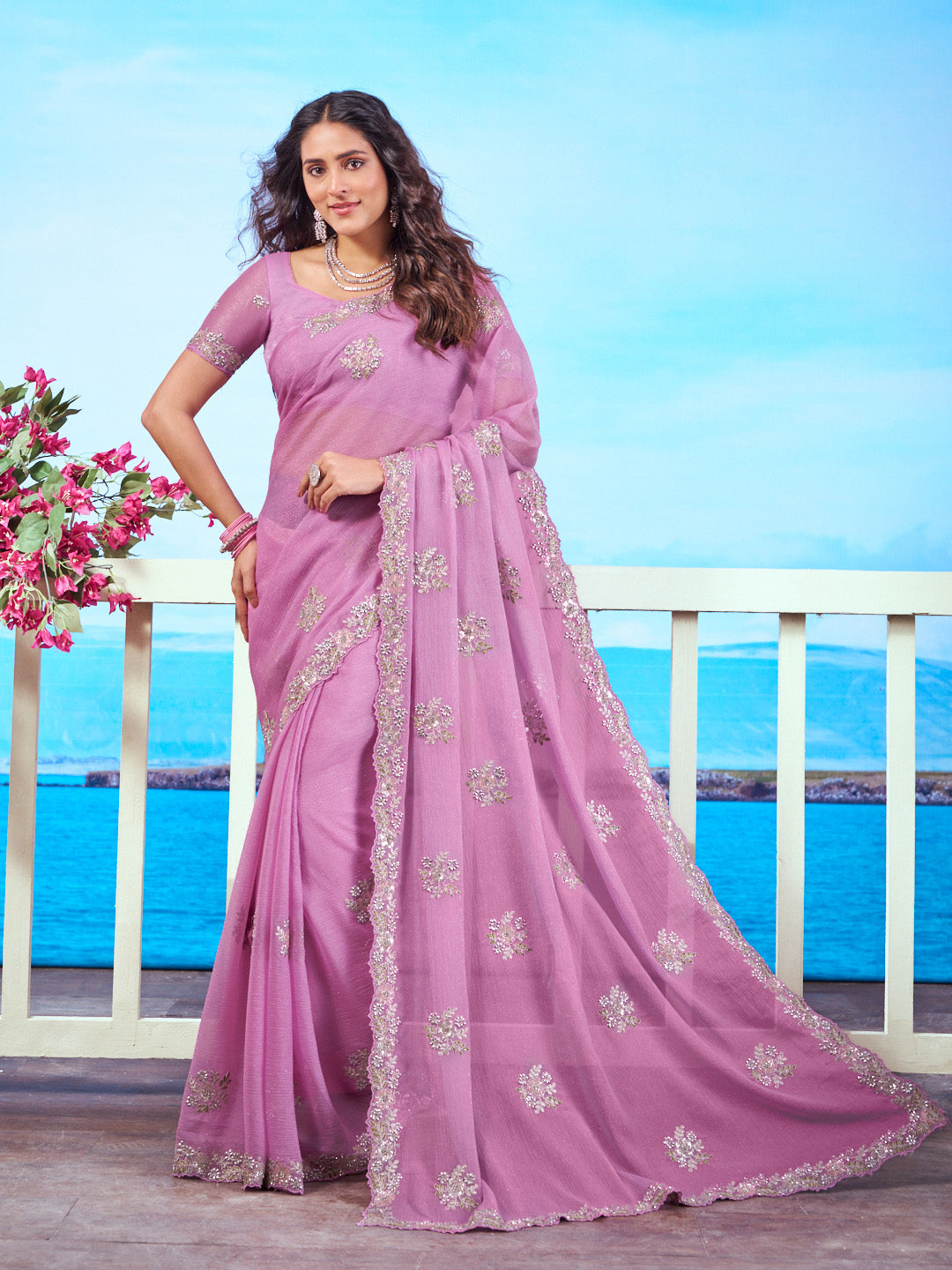 Purple floral embroidered chiffon saree work wear 