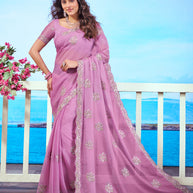 Purple floral embroidered chiffon saree work wear 