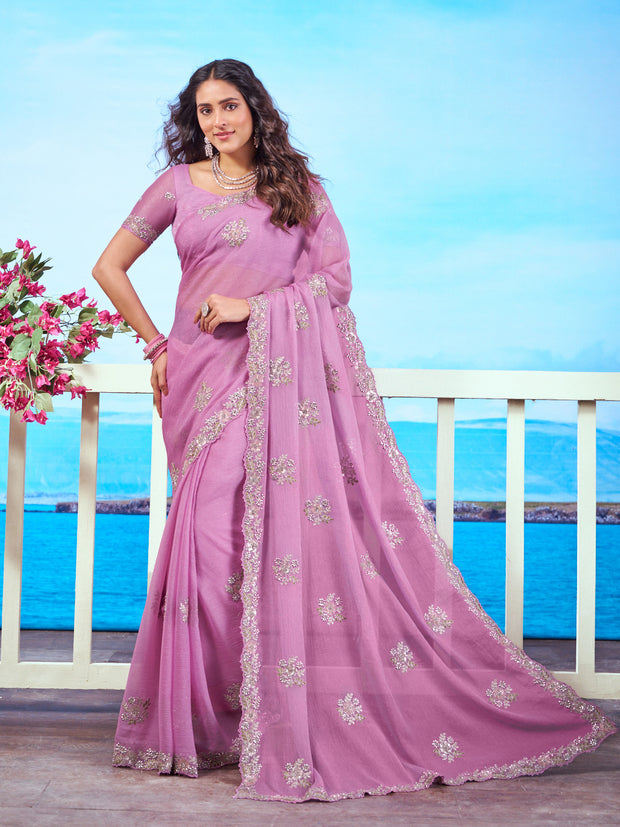 Purple floral embroidered chiffon saree work wear 