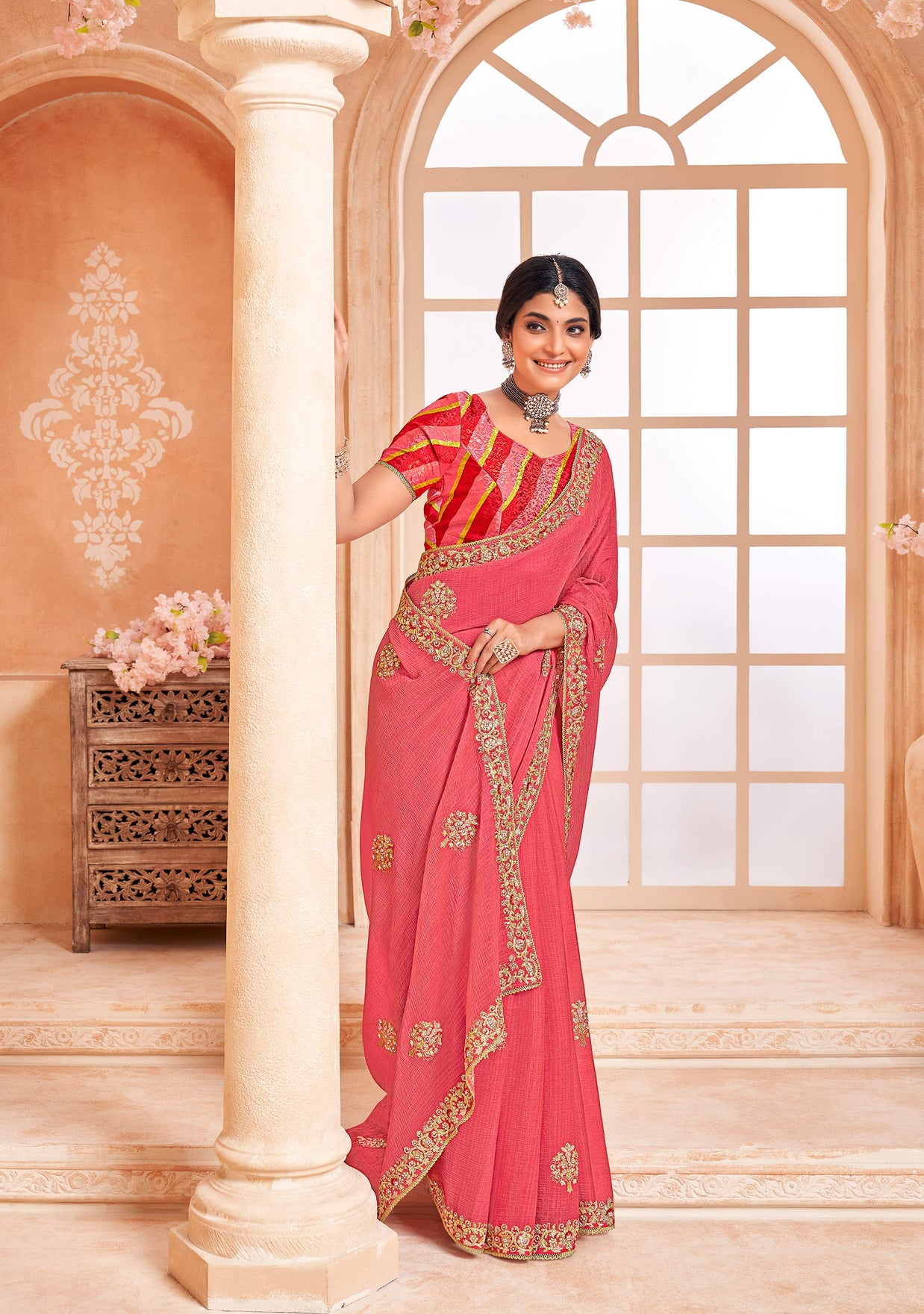 Peach chiffon embroidered saree with heavy work