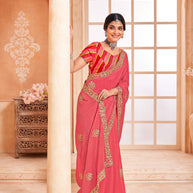 Peach chiffon embroidered saree with heavy work