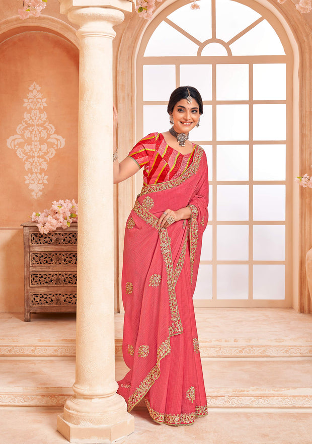 Peach chiffon embroidered saree with heavy work