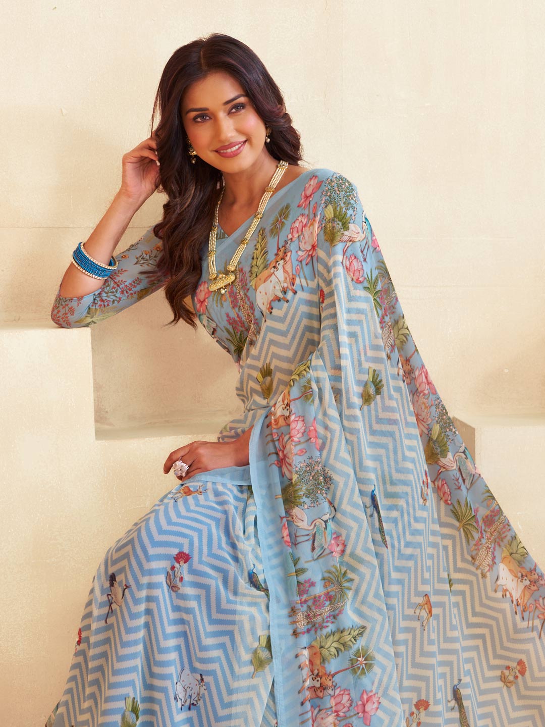 Blue floral zig zag saree casual wear