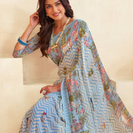 Blue floral zig zag saree casual wear