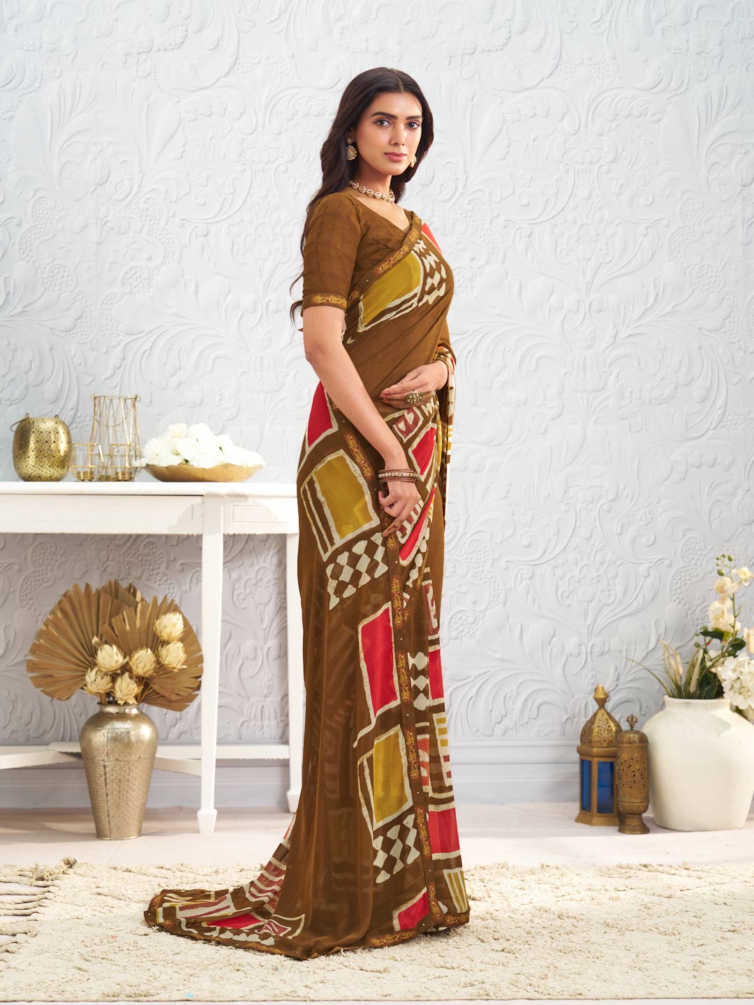 Brown geometric printed georgette saree casual wear