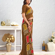 Brown geometric printed georgette saree casual wear