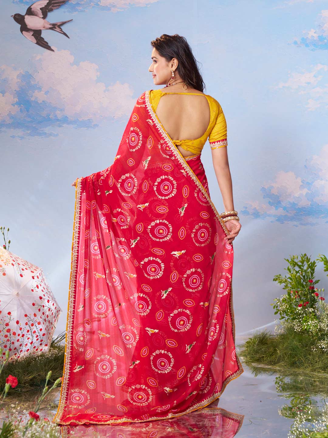 Red bird motif georgette saree party wear