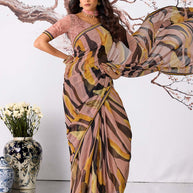 Brown abstract printed georgette saree daily wear