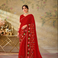 Red embroidered chiffon saree party wear