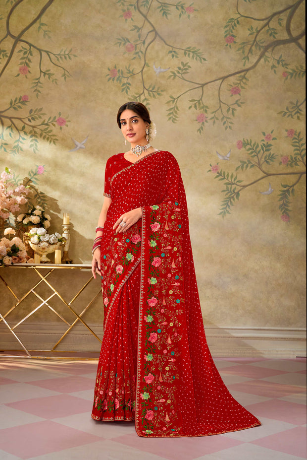Red embroidered chiffon saree party wear
