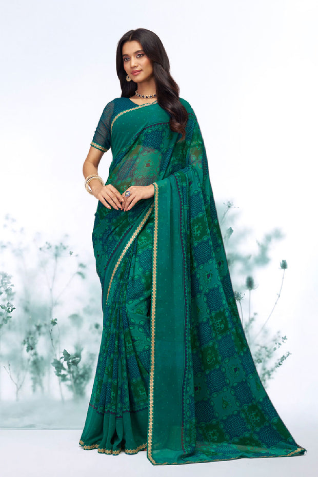 Green floral printed georgette saree daily wear