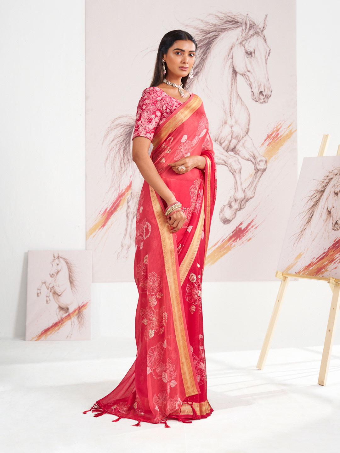 Laxmipati Murli Pink Chiffon Floral Saree