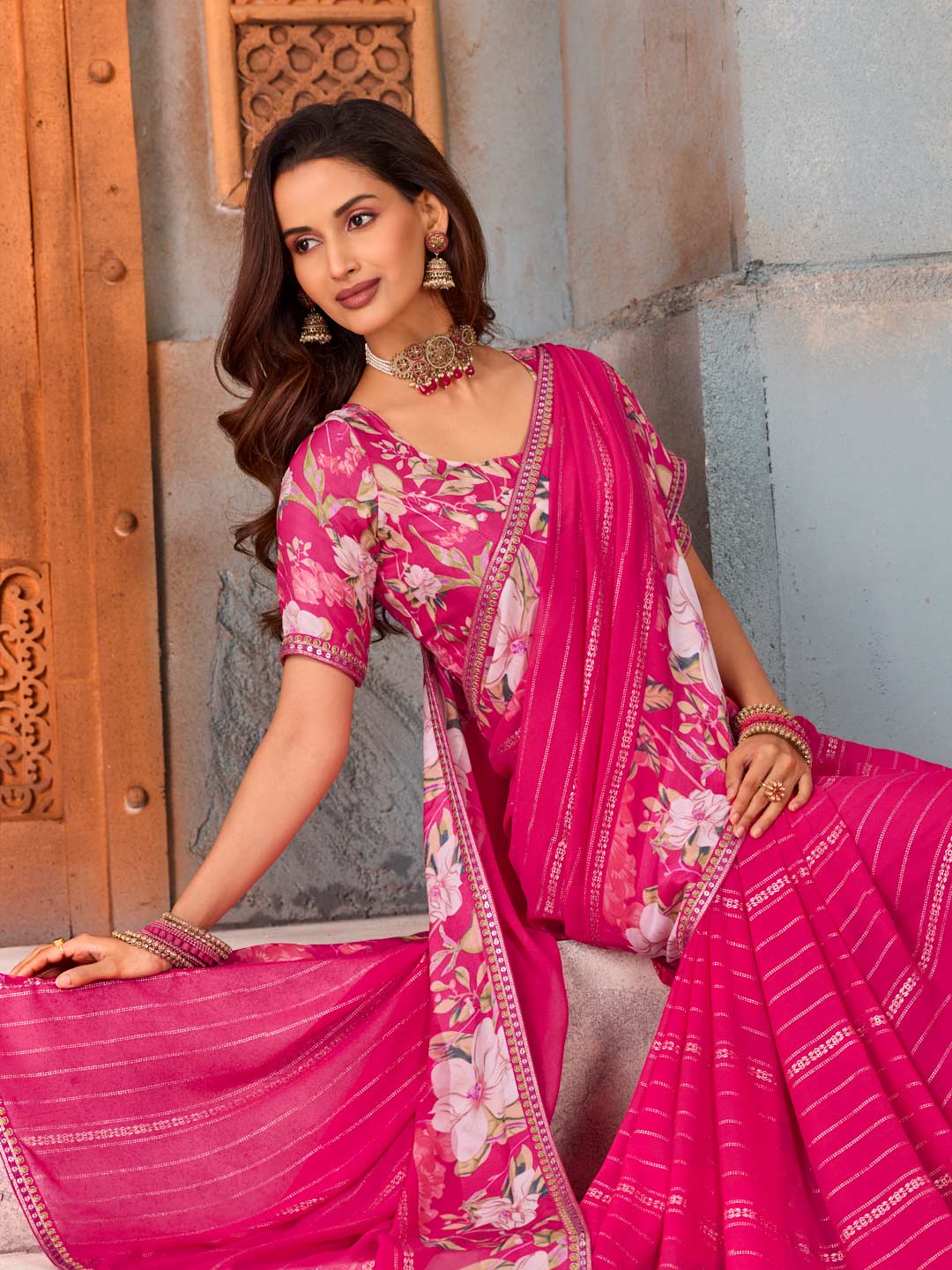 Pink embellished floral printed georgette saree wedding wear